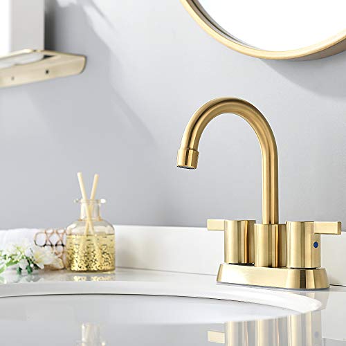 Brushed Gold 4 Inch 2 Handle Centerset Lead-Free Bathroom Faucet, Swivel Spout with Copper Pop Up Drain and 2 Water Supply Lines, BF015-1-BG