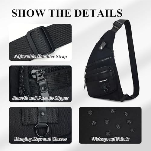 Qidelong Sling Bag Anti-theft Crossbody Chest Shoulder Backpack Women Men, Lightweight Personal Pocket Bag for Hiking Travel (Black)