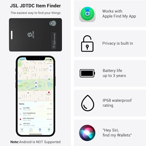 JSL JDTDC MFi Certified Wallet-Tracker-Card, Item-Finder Work with Apple Find My (iOS Only), Thin-Wallet-Finder for Passport,Luggage Wallet and Key Tracker, IP68 Waterproof, 3-Year Battery Life,1 Pack
