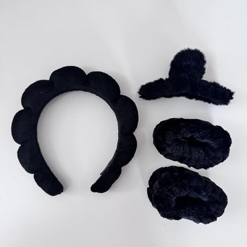 Generic spa headband for women and girls. Bubble skin care headband, makeup hair band set with wristbands, and a fluffy hair claw for face cleaning. (Black)