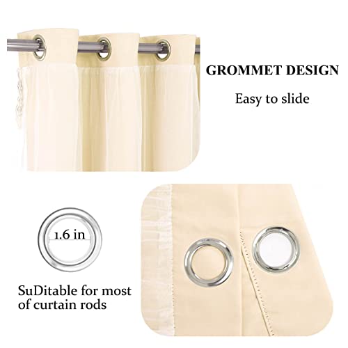SOFJAGETQ Beige Blackout Curtains with Sheer 54 Inches - Double Layered Short Blackout Curtains with Voile Sheer Drapes for Kids/Girls Bedroom Nursery Living Room, Biscotti Beige, 2 PCs