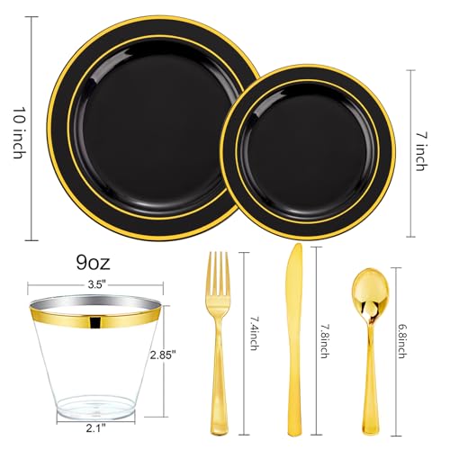 bUCLA 150 Pieces Black and Gold Disposable Dinnerware Set - 25 Guests Black Gold Plastic Plates Include 25 Dinner & 25 Dessert Plates, 25 Spoons, 25 Forks, 25 Knives, 25 Cups for Party