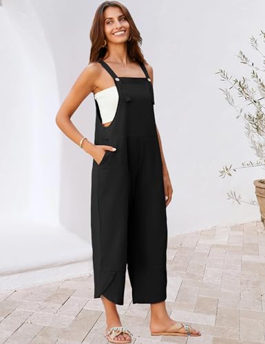 UANEO Womens Cotton Adjustable Casual Summer Bib Overalls Jumpsuits with Pockets (Black, Small)