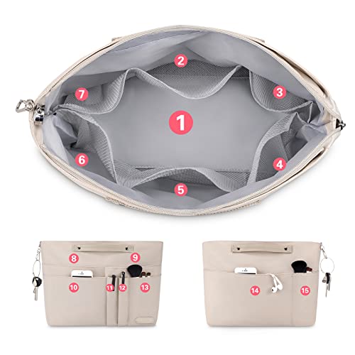 HyFanStr Purse Organizer Insert for Handbags,Tote Bag Organizer Insert Zipper Bag for Women, Handbag Organizer Inside Liner with 15 Pockets, Beige