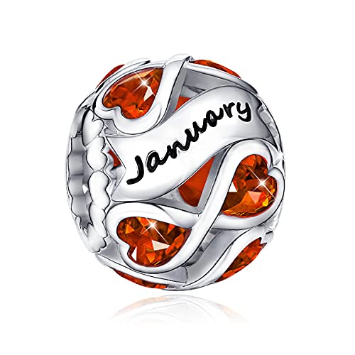 FOREVER QUEEN January Birthstone Charms 925 Sterling Silver Infinite Love Heart Openwork Bead for Charm Bracelets and Necklaces with 5A Cubic Zirconia, Birthday Jewelry Gifts Women