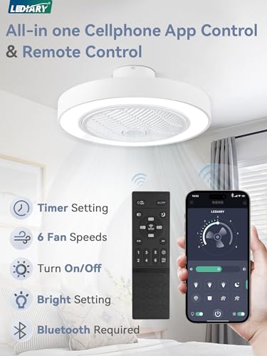 LEDIARY 20 Inch Low Profile Ceiling Fan With Light, Led Bladeless Ceiling Fan, Remote Control Enclosed Flush Mount Ceiling Fan With Timming, 3000-6000K, 6 Wind Speed, 3000LM, 57W-White