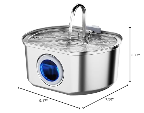 Cat Water Fountain Stainless Steel: 108oz/3.2L Cat Fountain for Drinking- Pet Water Fountain for Cats Inside - Automatic Cat Water Dispenser Bowl - Cat Feeding & Watering Supplies - Water Level Window