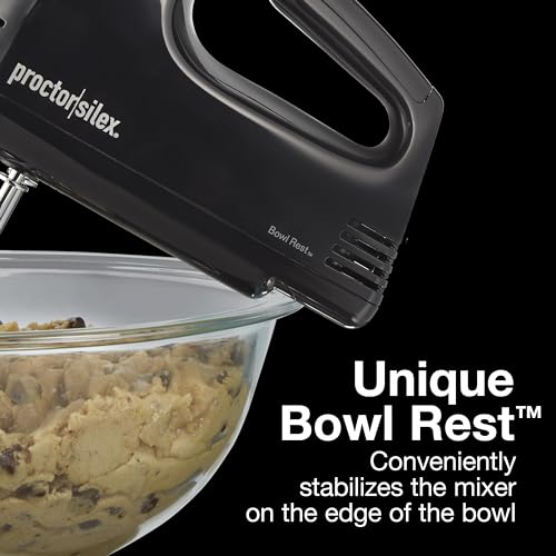 Proctor Silex Easy Mix 5-Speed Electric Hand Mixer with Bowl Rest, Compact and Lightweight, 100 Watts of Peak Power, Black (62507PS)