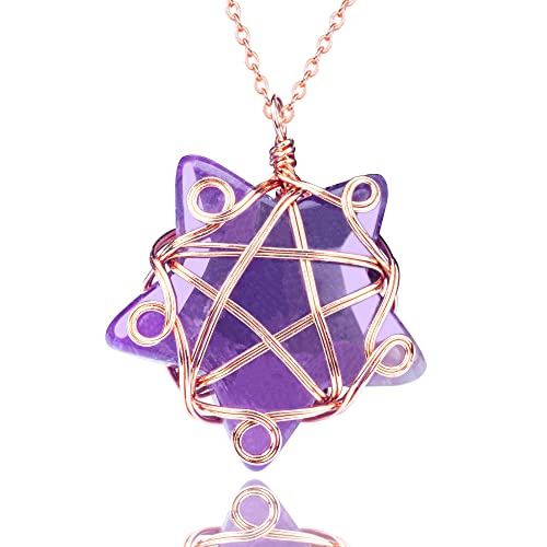 UU UNIHOM Natural Tiger's Eye Quartz Gemstones Five Point Star Necklace Pendant Sliver Gold Wire Wrapped Healing Crystal Necklace Jewelry Crystal Necklaces Pendulum for Women Men