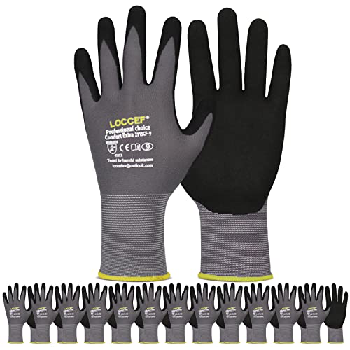 LOCCEF Work Gloves MicroFoam Nitrile Coated-12 Pairs,Seamless Knit Nylon Gloves,Gray Work gloves (6/XS, Gary-12 Pairs)