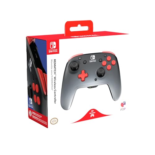 PDP REMATCH Enhanced Wireless Nintendo Switch Pro Controller, Rechargeable 40 hour battery power, Dual Programmable Gaming Buttons, 30-foot Connection, Licensed by Nintendo: Black Fade (Red & Black)