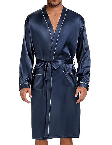 SWOMOG Mens Satin Robe with Shorts Set 2 PCS Kimono Bathrobe Long Sleeve Sleepwear Pjs Sets with Pockets Black Small