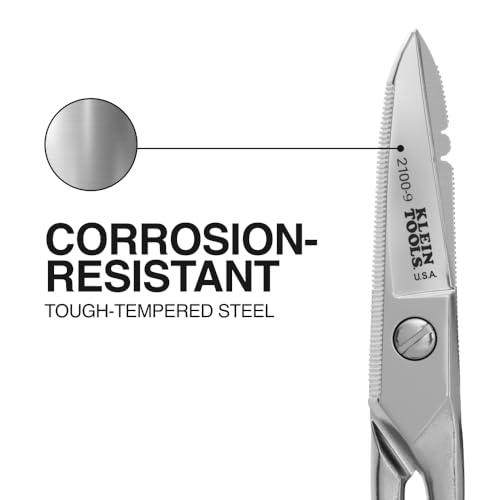 Klein Tools 2100-9 Stainless Steel Electrician Scissors, Made in USA, 5.25-Inch Free-Fall Handle Snips, Stripping Notches, Non-Slip Serrated Blade