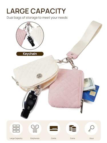 Telena Mini Zip Around Wristlet Wallets for Women Coin Purse Wristlet Keychain Dual Pouch Wallet Beige Pink