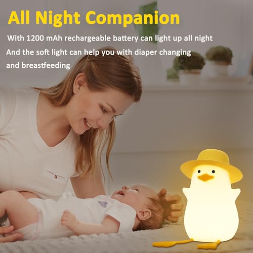 Duck Night Light, Duck Gifts for Girl, Kids Night Light Lamp Gifts Bedside Lamp for Nursery, ABS+SIL, Touch Control, Portable and Rechargeable Dimmable, Birthday Gifts for Boys Girls ( Duck with Hat)
