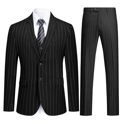 Mens 3 Piece Stripe Suits Set Checked 2 Button Tux Blazer Jacket Vest Trousers