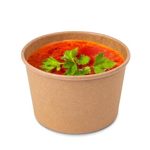PakTalk Paper Soup Containers with Lids, 50 Pack Brown Soup Bowls Biodegradable Ice Cream Cups with LidS for Hot Soup or Ice Cream (50 sets, 8 oz)