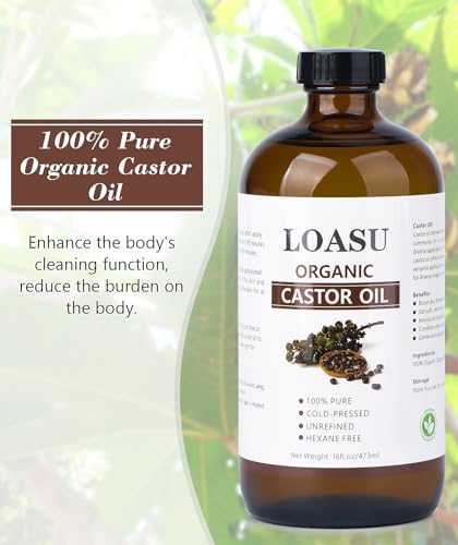 Castor Oil Organic Cold Pressed Unrefined Glass Bottle, 100% Pure Castor Oil, Hexane Free Cold Pressed, Organic Castor Oil for Face, Hair Growth, Eyelashes and Castor Oil Pack, 16fl.oz/473ml