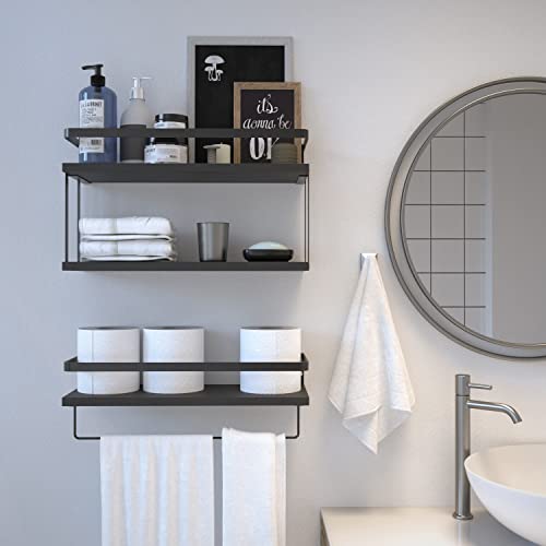 RICHER HOUSE Dual-Level Guardrail Floating Shelves, Rustic Wood Bathroom Shelf Wall Mounted, Over Toilet Paper Storage Shelves for Bathroom Wall Decor, Bathroom Organizers and Kitchen Storage - Black