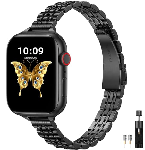 Lerobo Stylish Slim Metal Band Compatible for Apple Watch Bands 44mm 45mm 46mm 49mm 42mm(Series 3/2/1 for Women Dressy Stainless Steel Wristband for iWatch Ultra Series 10 9 8 7 6 5 4 3 2 1 SE,Black