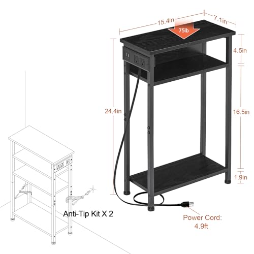 AMHANCIBLE Narrow Side Table Set of 2 with Charging Station, Small End Tables for Small Spaces, 3-Tier Skinny Side Table, Narrow End Table with USB Ports, Narrow Nightstand Set 2, Black, HETN03BK