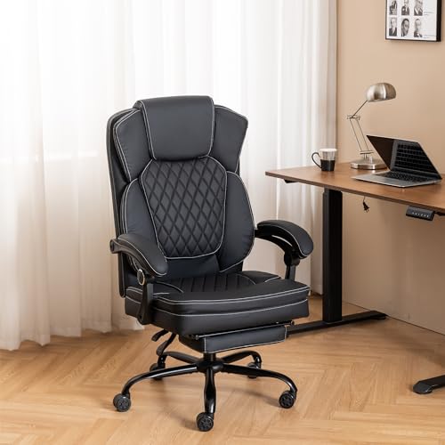 Ergonomic Office Chair with Footrest, Executive Chair PU Leather Computer Chair, Reclining Desk Chair with Leg Rest, Coil Spring Thick Cushion, Big and Tall Chair 400 lbs Capacity | Black