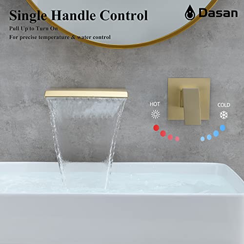DASAN Wall Mount Waterfall Bathroom Faucet Brushed Gold in Wall Sink Faucet, Single Handle Wall Mounted Modern Faucet for Bathroom with Upgraded Rough in Valve, DA-TFD3BG-NH