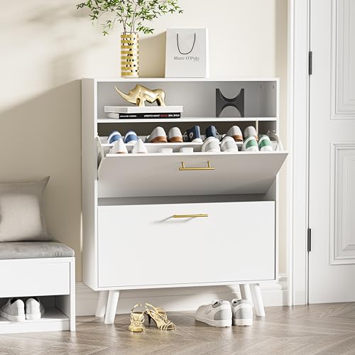 SINROM Shoe Cabinet for Entryway, Slim Shoe Storage Cabinet with 2 Flip Drawers, Freestanding Shoe Organizer with Open Shelf for Hallway, Black
