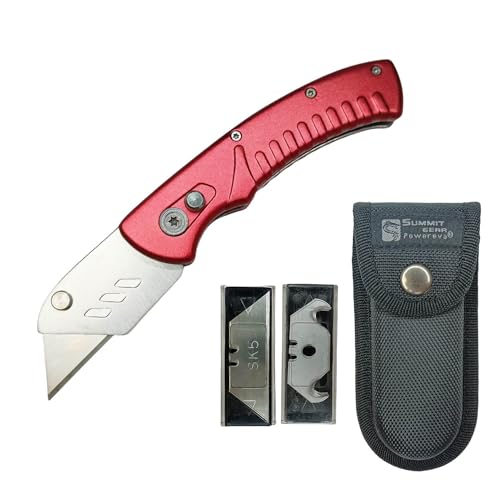 Utility Knife/Box Cutter/Electrician knife/Carpet knife Folding with Safe Lock-Back+Nylon Pouch+10 Extra SK5 Replacement Blades+10 Utility Hook Razor Blades Red