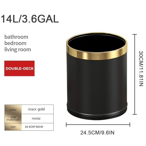 LEASYLIFE 14L/3.7GAL Black and Gold Open Top Trash Can - Metal Office Wastebasket Without Lid for Office, Hotel, Store, Restaurant