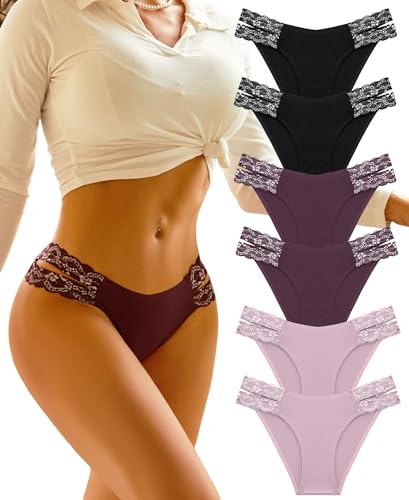 FINETOO Seamless Underwear for Women Cheeky Bikini Panties High Cut V-waist Lace Underwear Women Cute Bikinis 6 Pack
