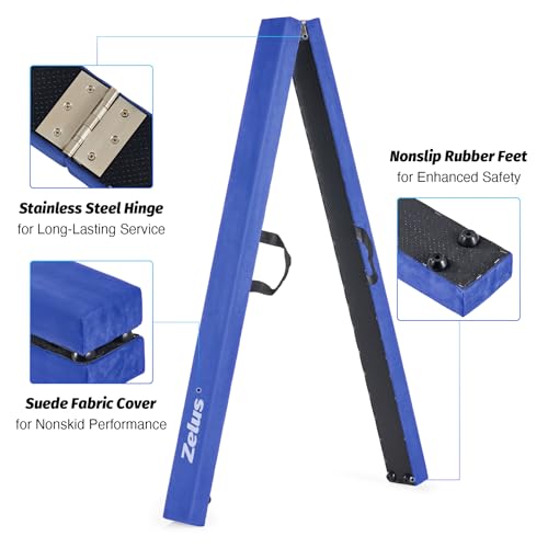 ZELUS 8ft. Folding Gymnastics Balance Beam, Floor Balance Beam w/Carry Handles Anti-Slip Base for Kids, Beginners & Professional Gymnasts (8 ft, Blue)