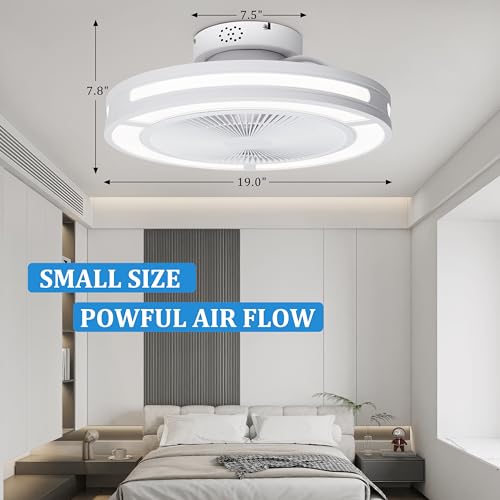 Ohniyou Enclosed Ceiling Fan With Lights,19" Bladeless Ceiling Fan With Lights and Remote,Low Profile Ceiling Fan With Dimmable Led Night Light, Flush mount Ceiling Fan For Bedroom,Living Room