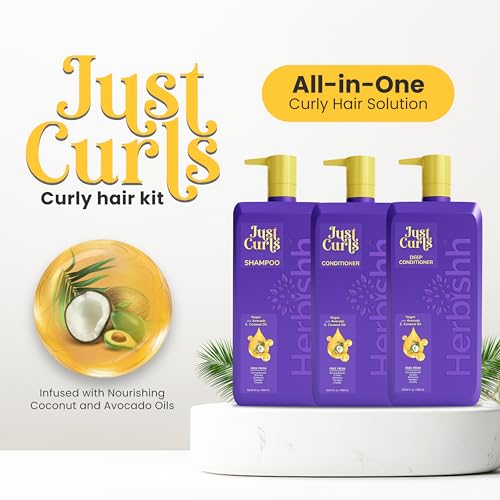 Herbishh Just Curls Vegan Shampoo and Conditioner + Deep Conditioner for Curly Hair Products Kit Enriched with Avocado & Coconut Oil for Dry Damaged, Wavy, Curly Hair Gift set for Women & Men