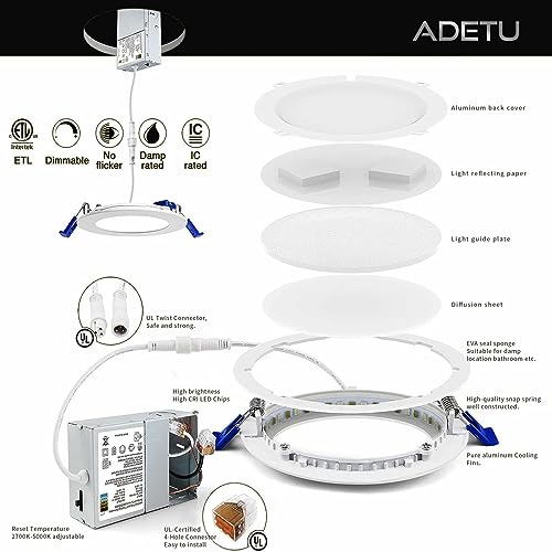Adetu 6 Pack 4 Inch 5CCT Ultra-Thin LED Recessed Ceiling Light with Junction Box,Dimmable Canless Wafer Downlight,2700K-5000K Selectable,9W Eqv 80W,810LM High Brightness,ETL Certified