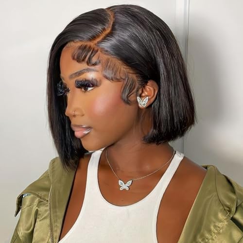 SQPLXK Light Brown Bob Wig Human Hair 200 Density HD Transparent 13X4 Straight Lace Front wigs Human Hair Pre Plucked Glueless Lace Frontal Wigs Human Hair 10 Inch