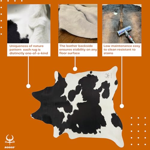 rodeo Genuine Cowhide Rug: Hand-Picked & Authentic Real Cowhide Rug for Country Home Decor - Cow Hide Rug Large Sized at 6x7ft - Cozy, Unique, Durable, Leather Cow Carpet Rugs - Black and White
