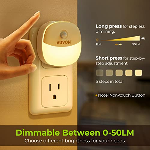AUVON Plug in Night Light with Motion Sensor and Dusk to Dawn Sensor, Mini Warm White LED Nightlight with 1-50 lm Adjustable Brightness for Bathroom, Hallway, Stairs, Bedroom, Kitchen, 4 Packs