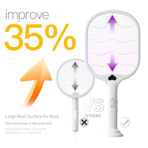 Electric Fly Swatter Racket buzzkick Foldable Bug Zapper Racket Portable 3 In 1 Fly Swatter Electric With USB Rechargeable Base 3500V Dual Mode Mosquito Killer For Indoor Home Kitchen Bedroom Backyard