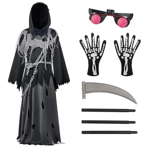 Spooktacular Creations Glowing Eyes Grim Reaper Costume for Kids, Halloween Costume for Boys, Phantom Costume-S(5-7yr)