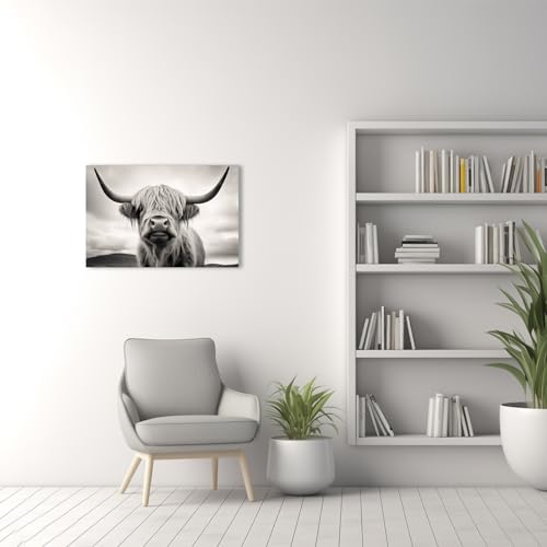 QIXIANG Large Black and White Highland Cow Canvas Wall Art Longhorn Highland Cow Picture Prints Farmhouse Cow Portrait for Home Decor (Cow-A,12.00" x 18.00")