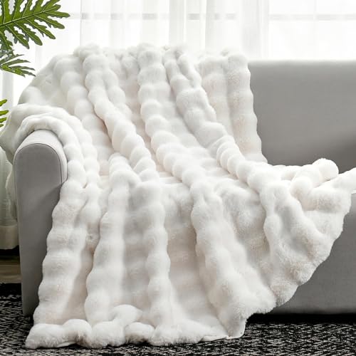 Cozy Bliss Faux Fur Throw Blanket for Couch, Fuzzy Soft Plush Thick Bubble Blanket for Sofa Bedroom Living Room, 50 * 60 Inches Cream White