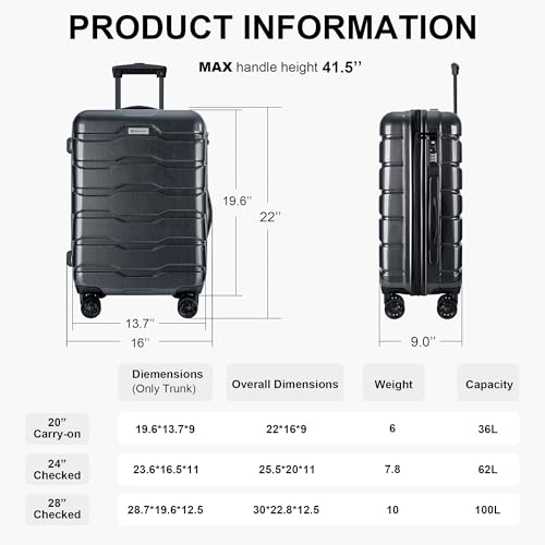 Speskiste 3 Piece Luggage Set, PC+ABS Lightweight Suitcase Sets with Spinner Wheels, Hardshell Luggage Sets with TSA Lock Black (20/24/28)