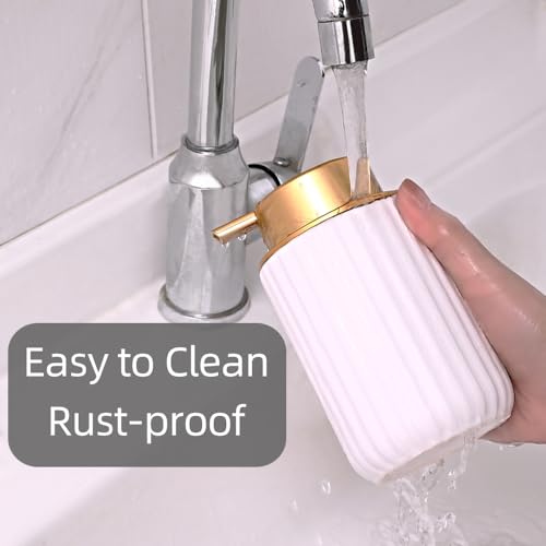 Decorative Foaming Soap Dispenser, Ceramic Lotion Dispenser for Bathroom, Vertical Stripe Design with Golden Pump(Black)