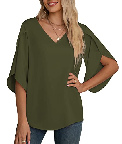 Jouica Womens Blouses Summer Elegant Chiffon Light Blouse 3/4 Sleeve Blouses Loose Casual Shirt for Women,Flower Navy Blue2,Small