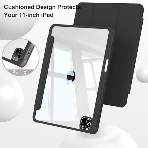 JKSML Case for iPad Pro 11, Case with Pencil Holder for iPad Pro 11 Inch 4th/3rd/2nd Generation 2022/2021/2020, Transparent Protective Case for iPad Pro 11, Supports Pencil 2 Charging, Black