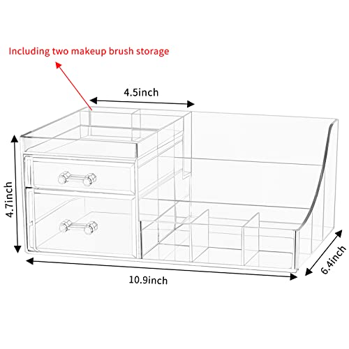 PENGKE Clear Make Up Organizer Countertop,Stackable 2 Drawers Makeup Storage,Cute Vanity Organizers for Dresser Brushes,Nail Polish,Beauty Product Desk and Bathroom Organizers and Storage,1 Pack