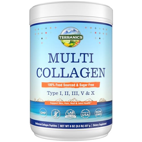 Terranics Multi Collagen Peptides Powder, Type I II III V X Collagen for Women & Men, Collagen Supplements for Skin, Nail, Hail & Joint, Easy to Dissolve, Unflavored, No Sugar, Keto, 8oz