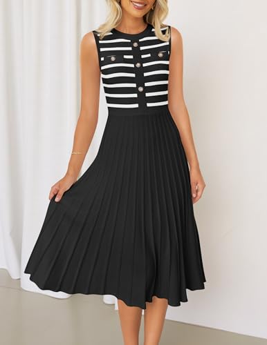 ZESICA Women's Sleeveless Striped Midi Dress Summer Crewneck Button Knit Swing Pleated A Line Casual Dresses,Beige,Small