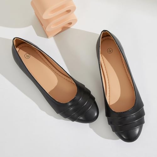 Shupua Flats for Women Dressy Comfortable Flats Shoes Womens Black Flats Leather Work Ballet Flats Round Toe Dress Shoes(Black.us5)